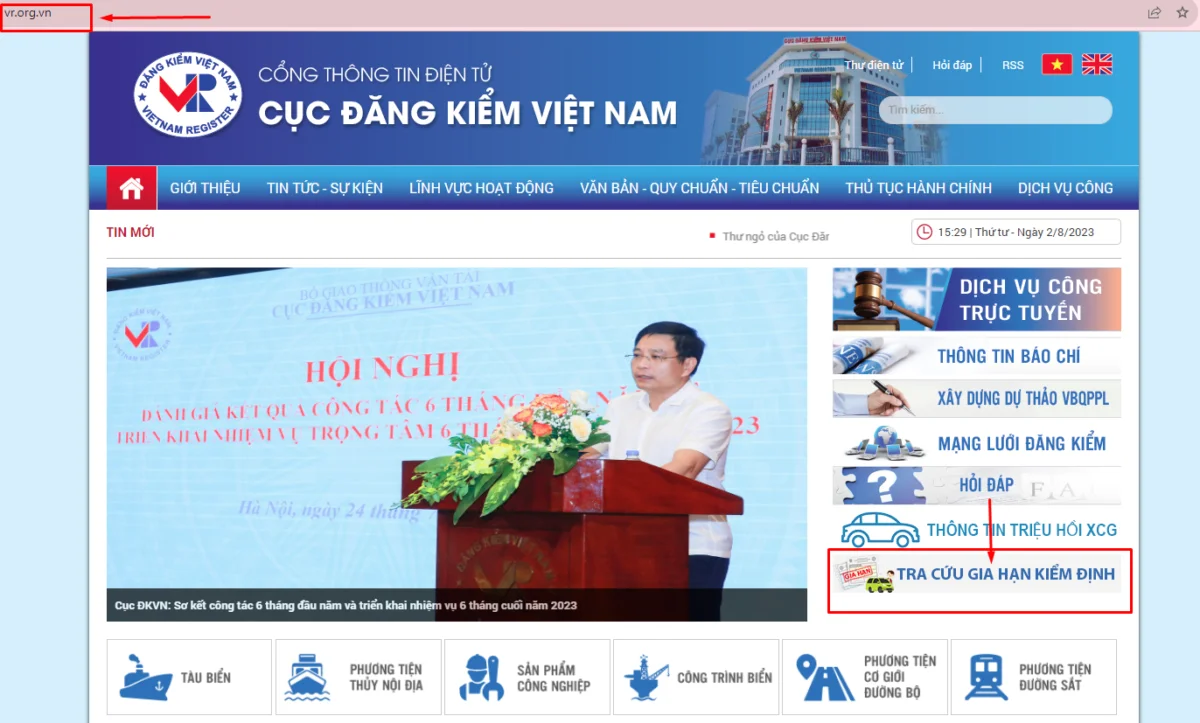 Truy cập website chính thức của Cục đăng kiểm Việt Nam. (Ảnh: Sưu tầm Internet)