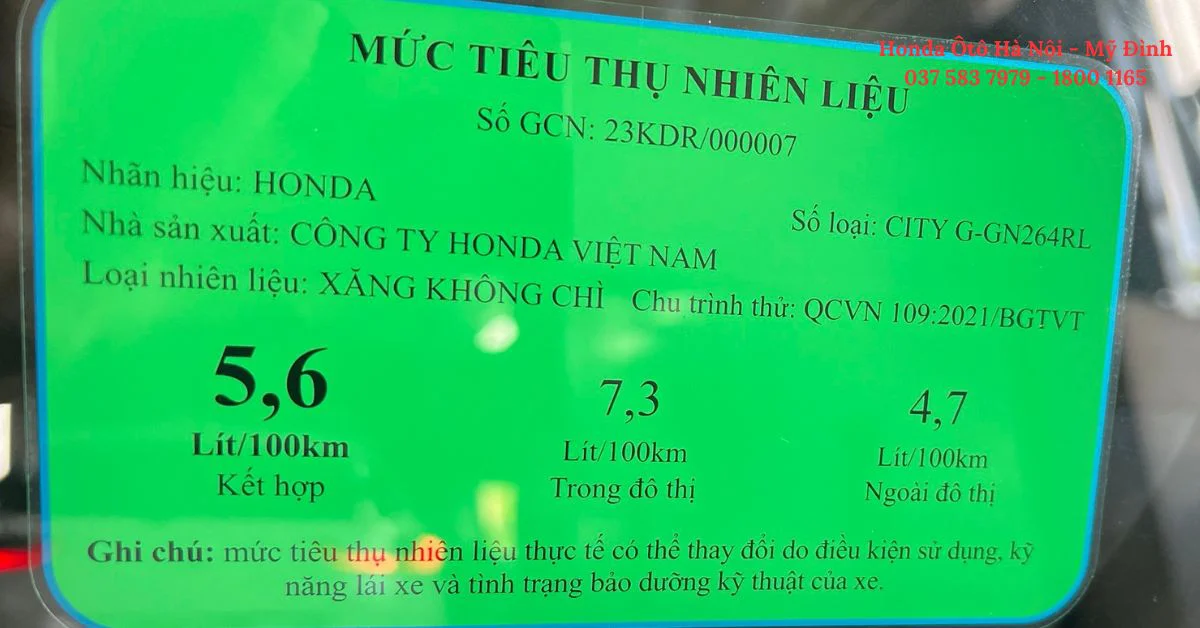 Mức tiêu thụ nhiên liệu của xe Honda City bản G (Ảnh: Honda Ô tô Mỹ Đình) 