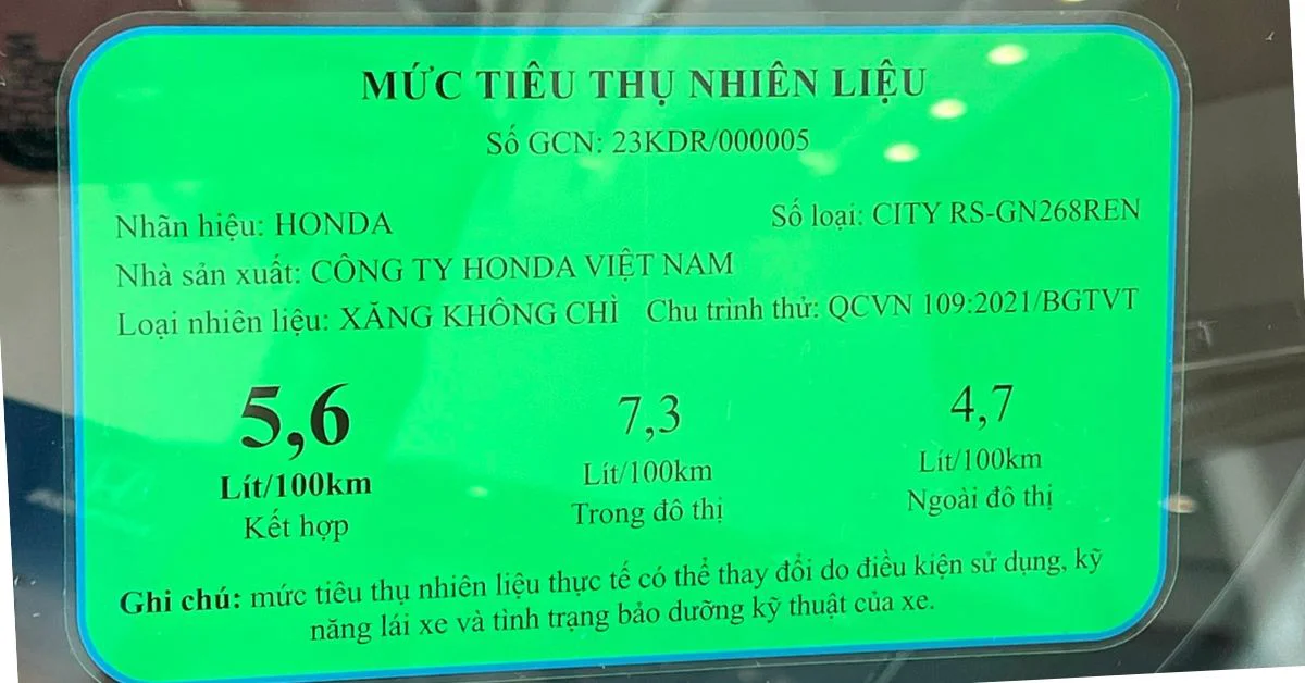 Mức độ tiêu hao nhiên liệu của xe Honda City RS do hãng công bố (Ảnh: Honda Ô tô Mỹ Đình)