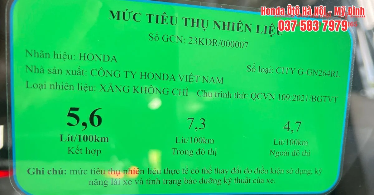 Mức tiêu thụ nhiên liệu của xe Honda City bản G (Ảnh: Honda Ô tô Mỹ Đình)