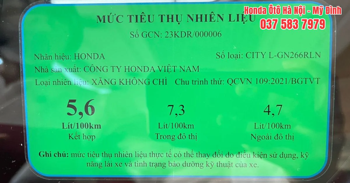 Mức tiêu thụ nhiên liệu của xe Honda City bản L (Ảnh: Honda Ô tô Mỹ Đình)