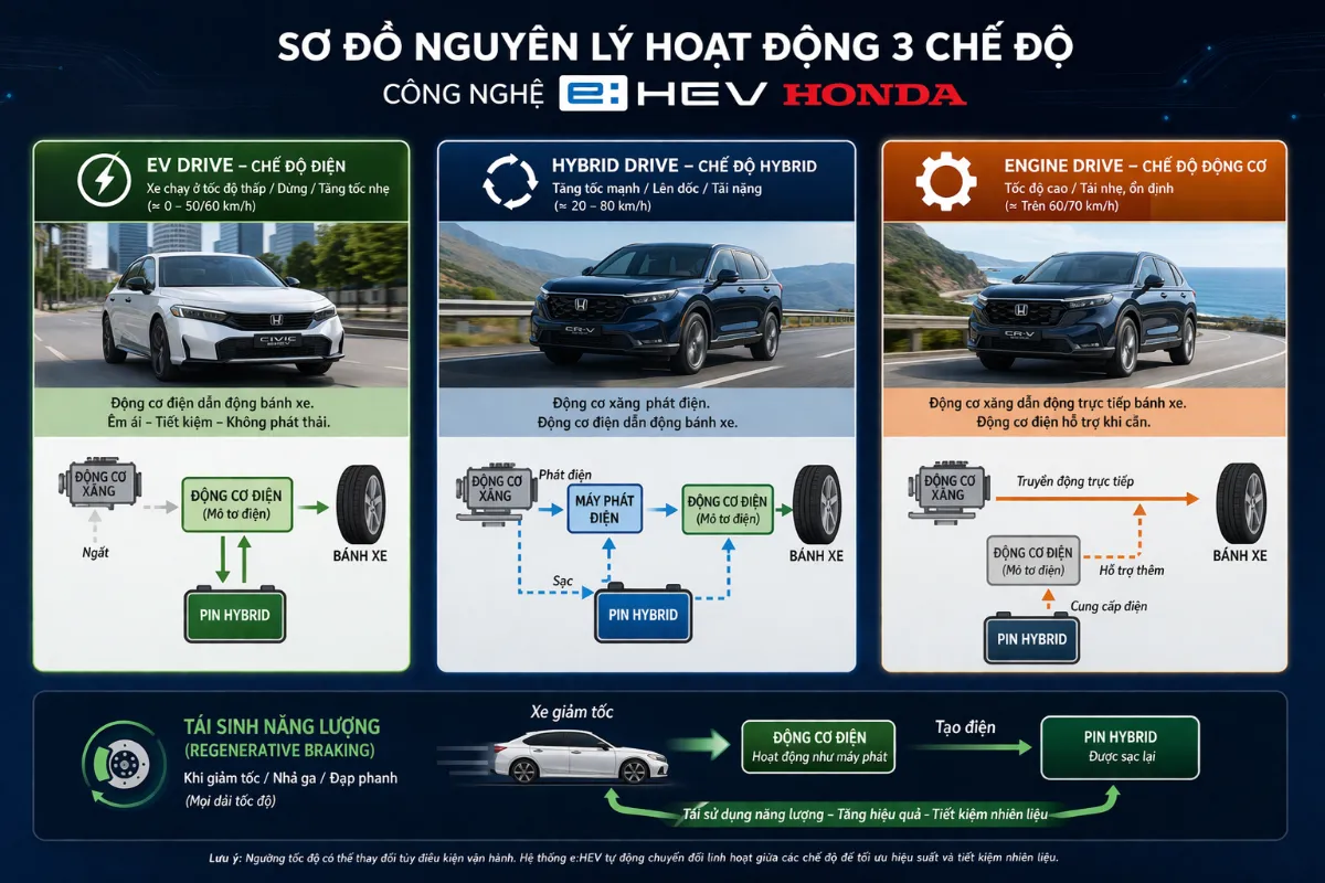 Sơ đồ luân chuyển 3 chế độ vận hành thông minh của hệ thống Honda e:HEV