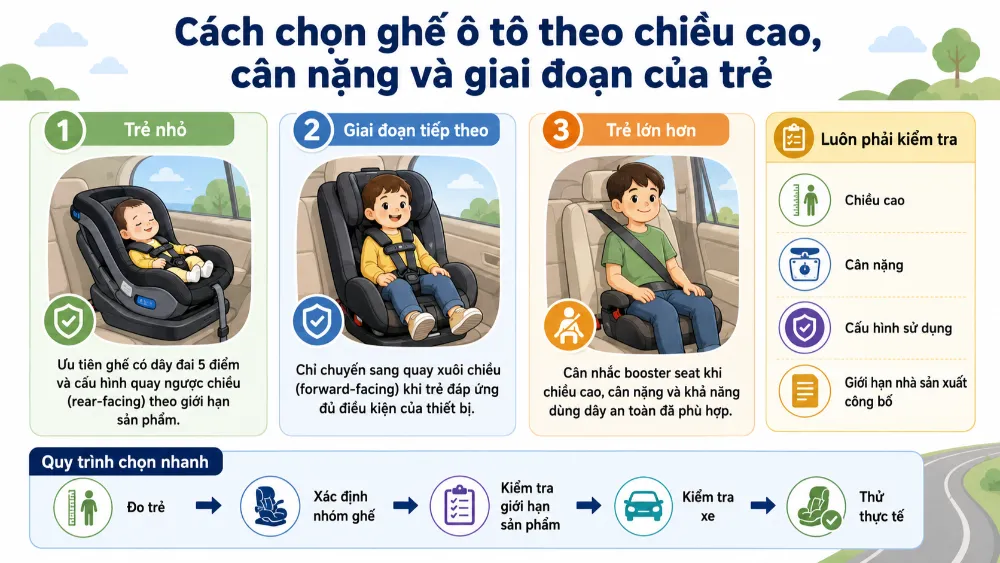 Cách chọn ghế ô tô theo chiều cao, cân nặng và giai đoạn của trẻ