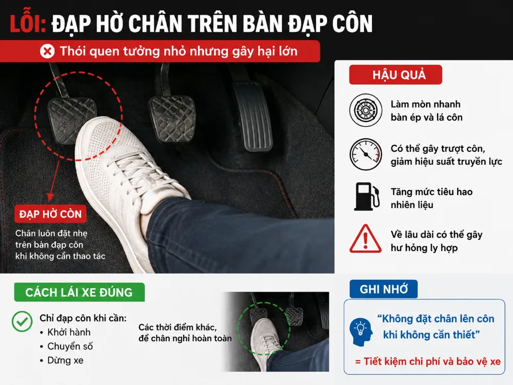 Không nên rà côn hoặc giữ chân côn liên tục để tránh làm mòn ly hợp