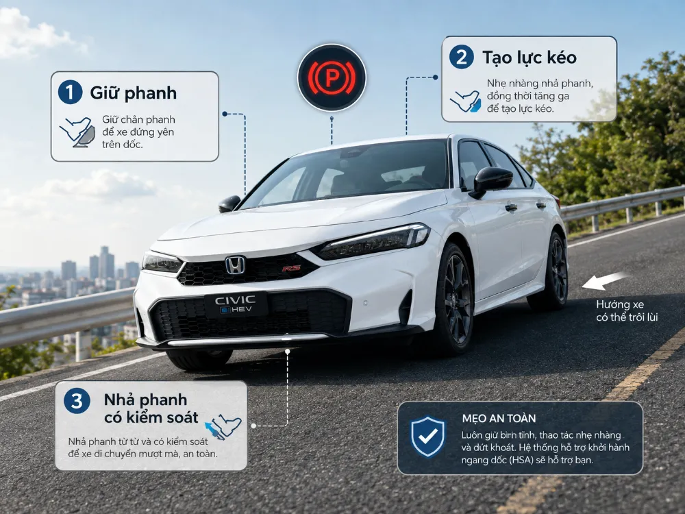 Giữ xe ổn định trước khi khởi hành lại giữa dốc