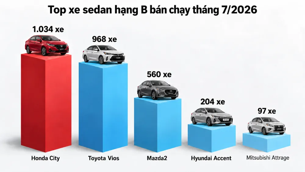 Doanh số 1.034 xe giúp Honda City tiếp tục giữ vị trí đầu bảng trong tháng 7/2026.